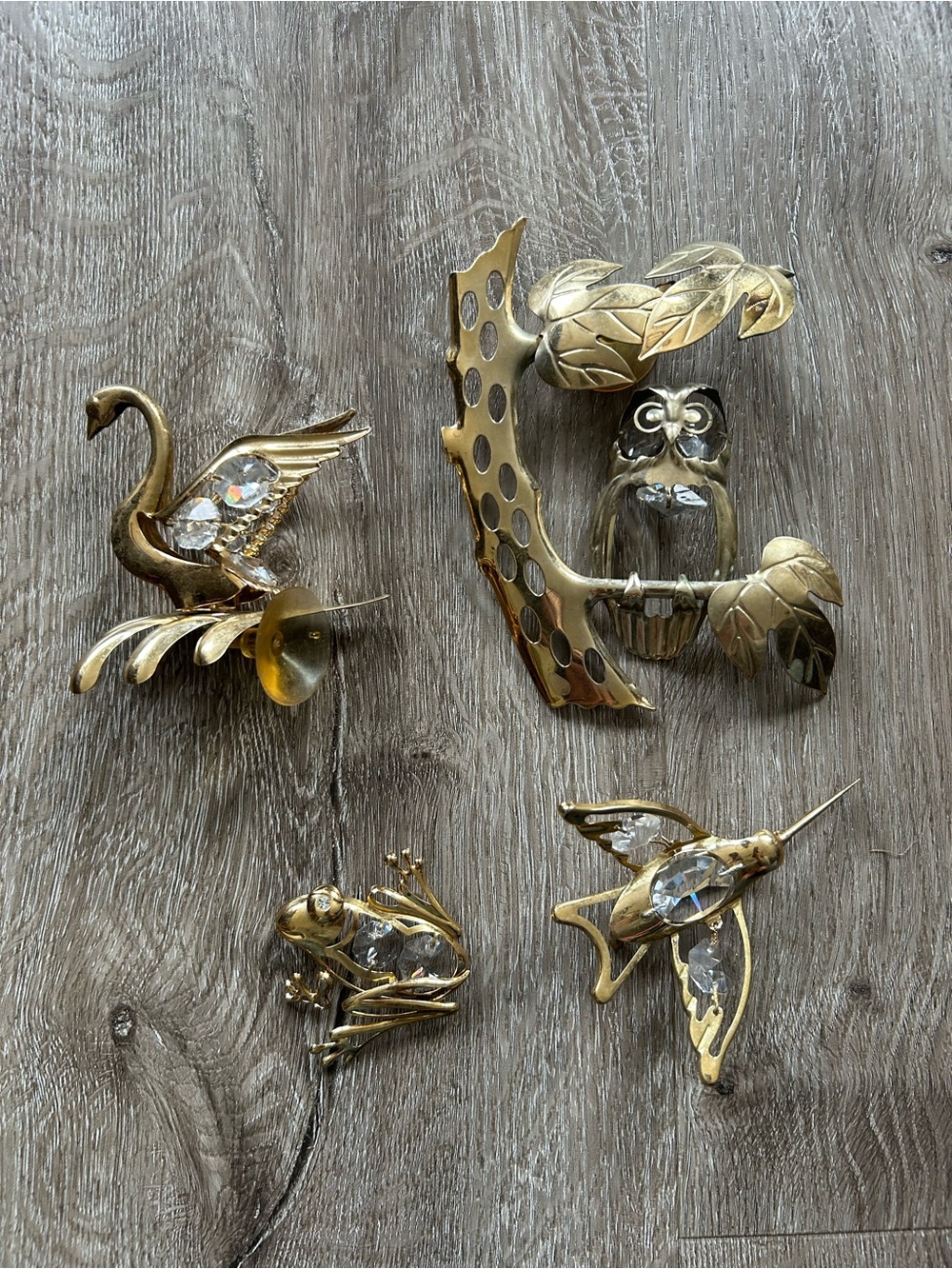 Austrian Crystal Brass Owl, Frog, Hummingbird and Swan Gold-Plated Suncatcher